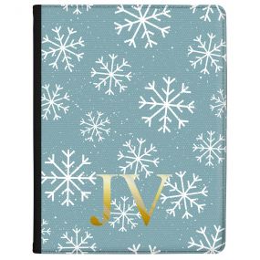 White Snowflakes on A Cool Blue Background with Gold Text tablet case available for all major manufacturers including Apple, Samsung & Sony