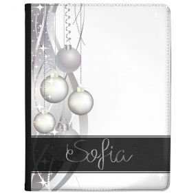 Silver Baubles on a White Background with Full Name tablet case available for all major manufacturers including Apple, Samsung & Sony