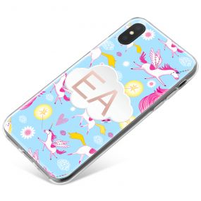 Cartoon Unicorns on a Blue Background phone case available for all major manufacturers including Apple, Samsung & Sony