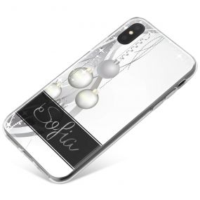 Silver Baubles on a White Background with Full Name phone case available for all major manufacturers including Apple, Samsung & Sony