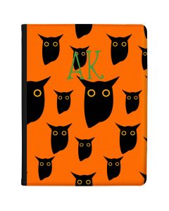 Black Owls on a Bright Orange Background with Green writing tablet case available for all major manufacturers including Apple, Samsung & Sony