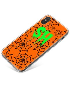 Black spiderwebs on Orange background and Bright Green Text phone case available for all major manufacturers including Apple, Samsung & Sony