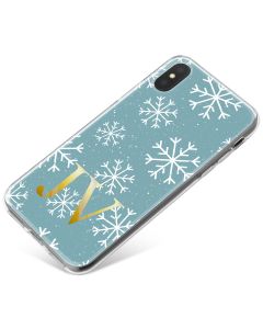 White Snowflakes on A Cool Blue Background with Gold Text phone case available for all major manufacturers including Apple, Samsung & Sony