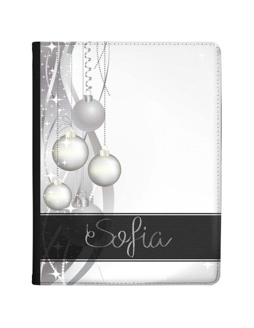 Silver Baubles on a White Background with Full Name tablet case available for all major manufacturers including Apple, Samsung & Sony