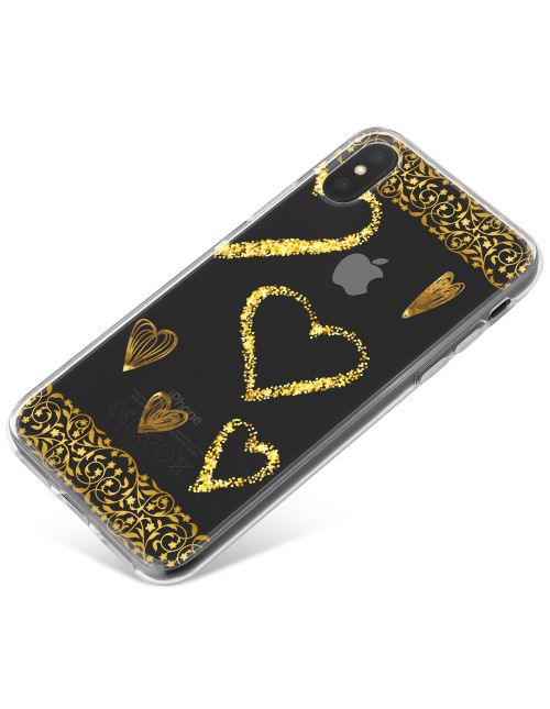 Transparent with Gold Borders and Gold Love Hearts phone case available for all major manufacturers including Apple, Samsung & Sony