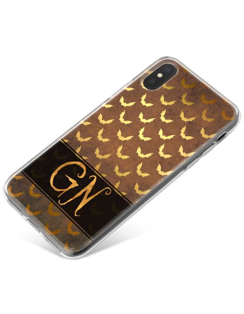 Repeating Gold Bats on a Brown Leather effect background with Gold Text phone case available for all major manufacturers including Apple, Samsung & Sony