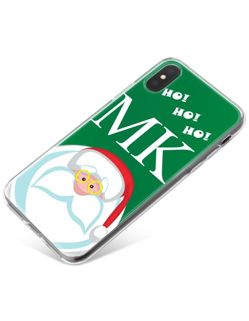 Funny Santa with Glasses and Ho Ho Ho on Green Background phone case available for all major manufacturers including Apple, Samsung & Sony