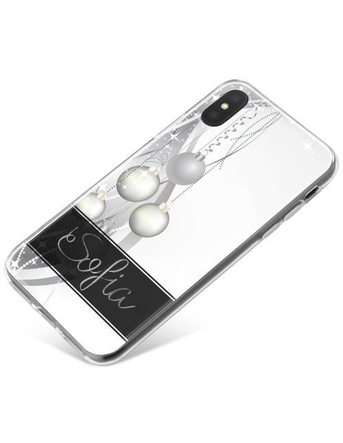 Silver Baubles on a White Background with Full Name phone case available for all major manufacturers including Apple, Samsung & Sony