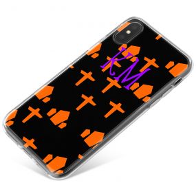 Bright Orange Gravestones on a Black Background with Purple Writing phone case available for all major manufacturers including Apple, Samsung & Sony