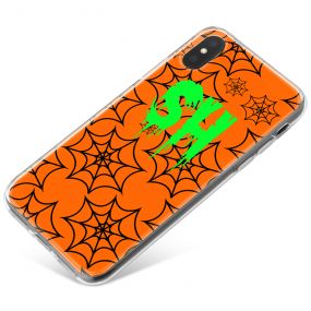Black spiderwebs on Orange background and Bright Green Text phone case available for all major manufacturers including Apple, Samsung & Sony