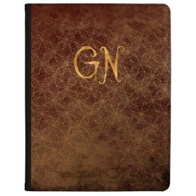 Gold Spiderwebs on a Brown Leather effect background with Gold text tablet case available for all major manufacturers including Apple, Samsung & Sony
