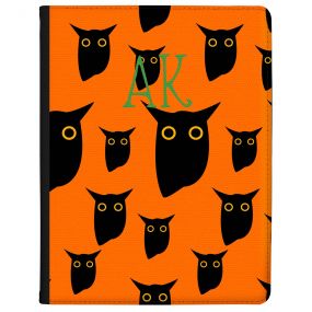 Black Owls on a Bright Orange Background with Green writing tablet case available for all major manufacturers including Apple, Samsung & Sony