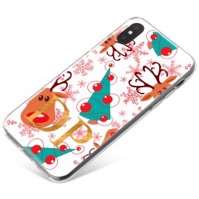 Rudolph and Christmas Tree Pattern with Red Snowflakes on a White Backgroun phone case available for all major manufacturers including Apple, Samsung & Sony