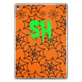 Black spiderwebs on Orange background and Bright Green Text tablet case available for all major manufacturers including Apple, Samsung & Sony