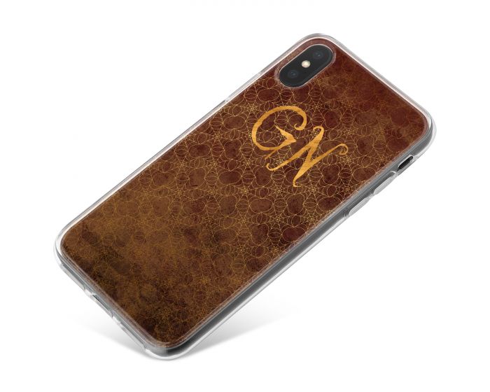 Gold Spiderwebs on a Brown Leather effect background with Gold text phone case available for all major manufacturers including Apple, Samsung & Sony