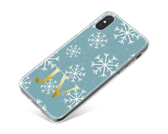 White Snowflakes on A Cool Blue Background with Gold Text phone case available for all major manufacturers including Apple, Samsung & Sony